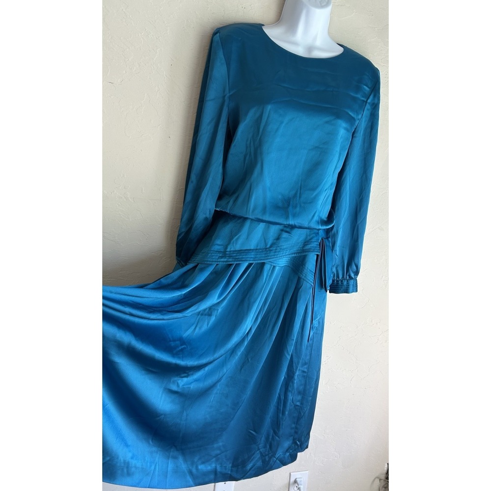 Vintage 70s 80s Joan Sparks Daniel Barrett Teal Satin Midi Dress‎ 8 Art Deco - Picture 7 of 13